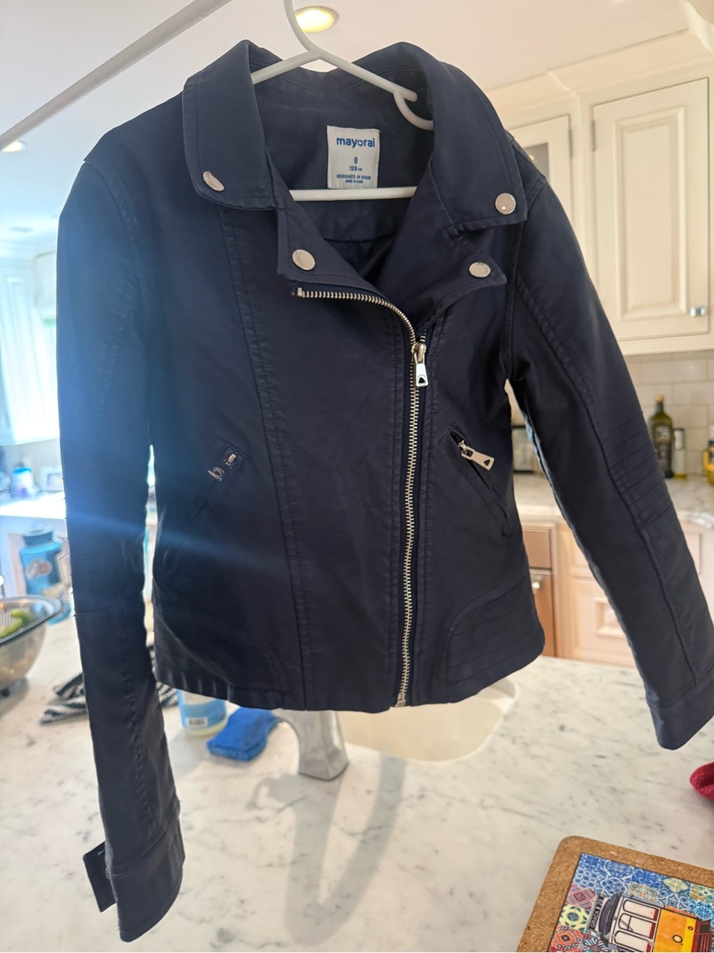 Mayoral Navy Girls' Faux Leather Asymmetrical Moto Jacket